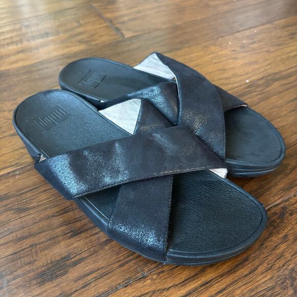Fitflop Women’s Lulu Cross Glitz Slide Sandals Midnight Navy Sz 9 Comfort - Picture 1 of 6